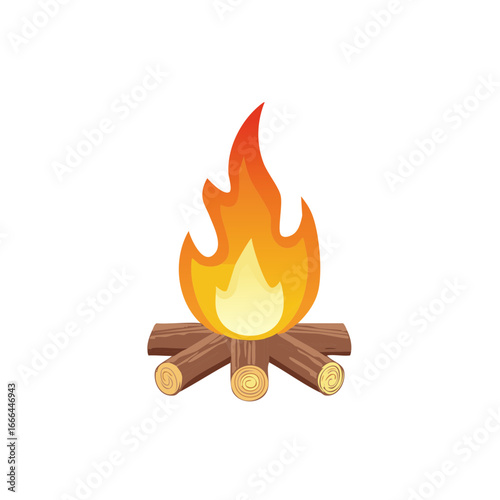 Campfire Illustration, Burning Flames and Wood Logs, Outdoor Recreation