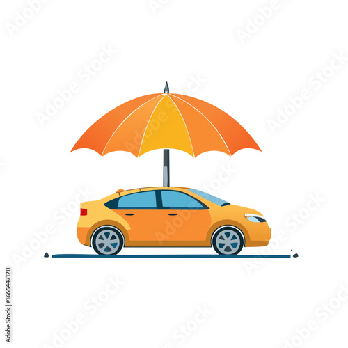 Yellow car under orange umbrella, vehicle protection concept, auto insurance coverage in flat design.