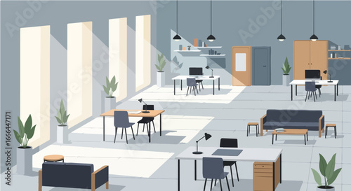 Spacious contemporary office interior illuminated by sunlight from large windows. Modern open-plan co-working space with desks, computers, and lounge furniture