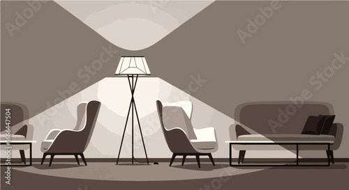 Stylish minimalist interior with a floor lamp casting dramatic spotlights on armchairs in a dimly lit room concept