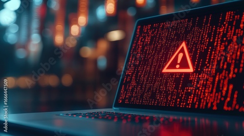 Laptop screen displaying red code and a warning triangle with an exclamation mark, suggesting a cybersecurity alert or malware breach; blurred bokeh lights in the background.