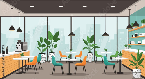 Stylish and contemporary cafe interior design. Vector illustration of a coffee house with furniture, plants, and a city skyline background