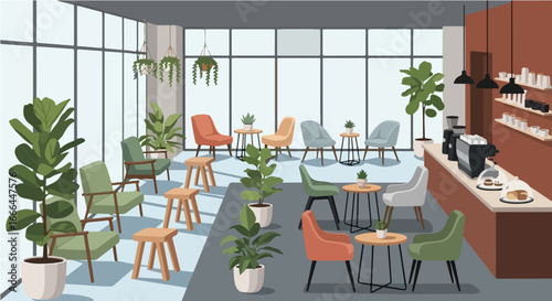Spacious and modern coffee shop interior featuring stylish furniture, large windows, and numerous indoor plants creating a cozy atmosphere