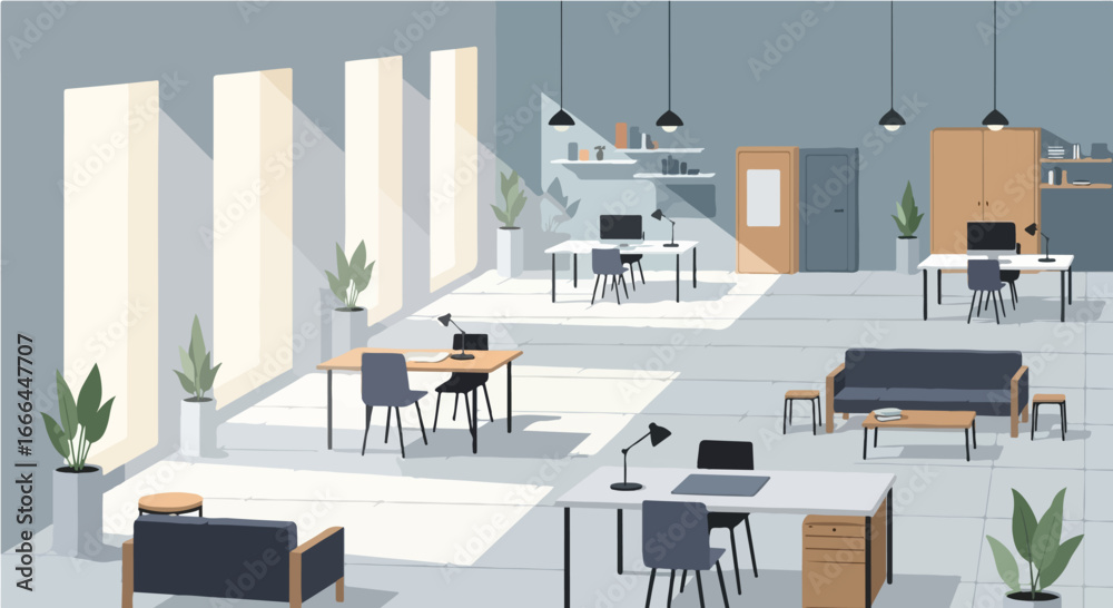Naklejka premium Modern co-working space with natural light and office desks, creating a productive work environment for collaboration and innovation