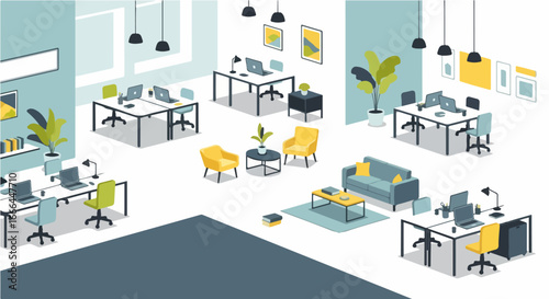 Modern co-working space with desks, chairs, plants, and seating areas for collaboration and productivity
