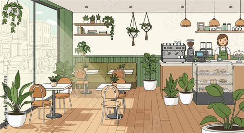 Cozy Plant-Filled Cafe Interior Illustration with Barista
