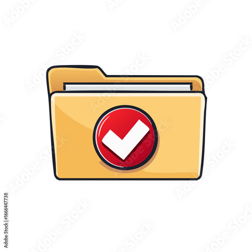 Yellow Folder Icon with Red Check Mark Approved Status for Files or Documents