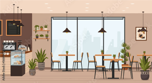 Cozy cafe interior with tables, chairs, and coffee machine, showcasing a modern and inviting ambiance for patrons to relax and enjoy refreshments