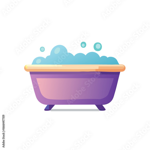 Charming purple bathtub illustration filled with bubbly blue soap foam and floating water bubbles for playful bath time concepts