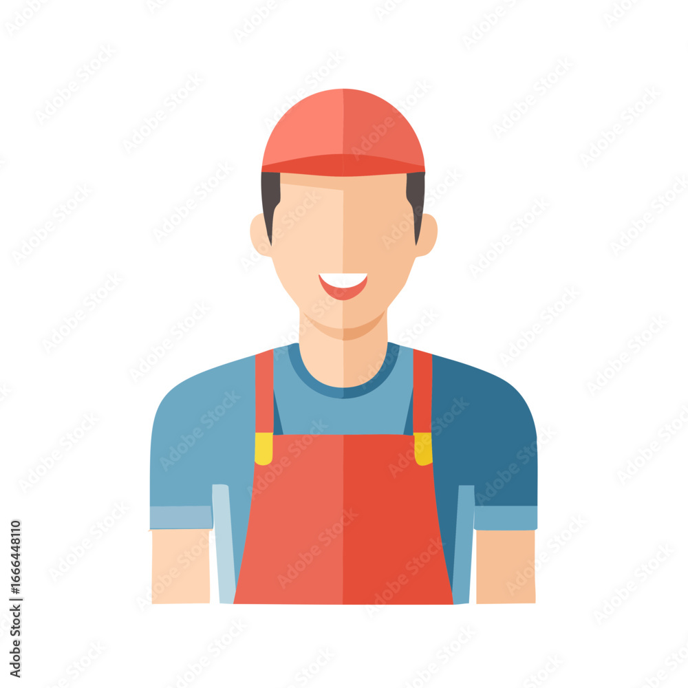 Smiling Worker Illustration: Flat Design of a Man in Overalls and Cap, Service Industry Icon Smiling Worker Illustration: Flat Design of a Man in Overalls and Cap, Service Industry Icon