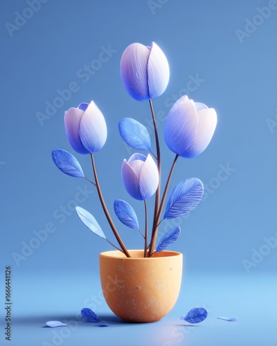 Three pastel blue tulips in a light orange pot