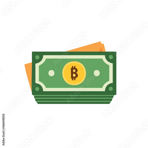 Stacks of Green Paper Money Decorated with Bitcoin Symbol and Geometric Design; Vector Icon