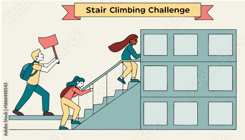 A companywide stair climbing challenge encouraging employees to take the stairs instead of the elevator.. Vector illustration