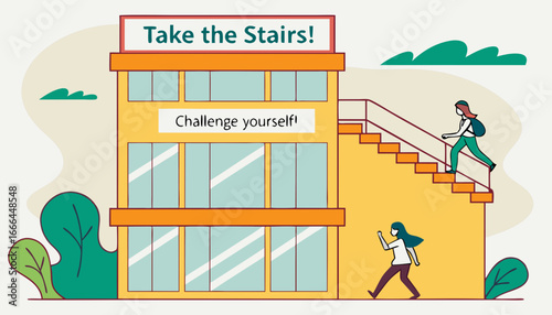 A companywide stair climbing challenge encouraging employees to take the stairs instead of the elevator.. Vector illustration