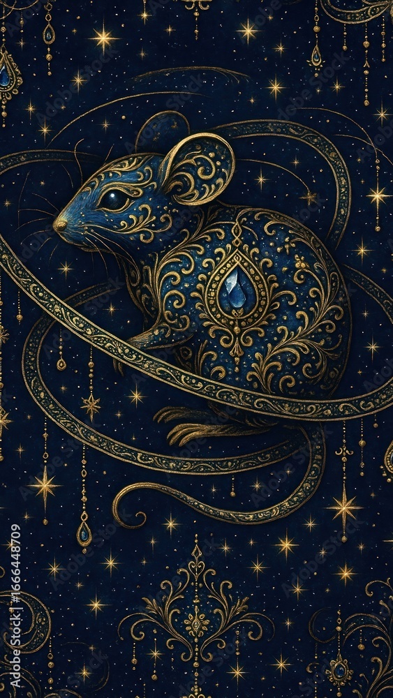 Naklejka premium Intricate celestial mouse illustration