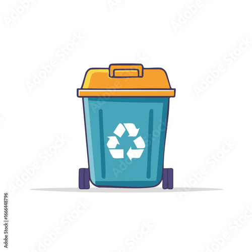 Blue recycling bin with a yellow lid and recycling symbol ready for garbage sorting and trash disposal for a greener planet