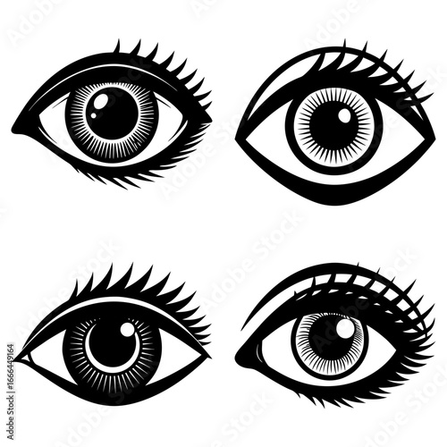 Four stylized eyes with eyelashes arranged in a square pattern on a white background graphic design
