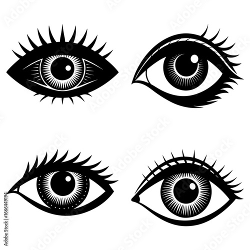 Four stylized eyes with detailed lashes and irises in a black and white graphic design style image