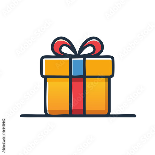 Festive yellow gift box illustration with red ribbon and bow for holidays and celebrations.