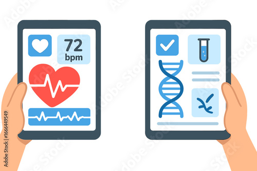 Health technology app on tablet. Heart rate monitor, cardiology ECG pulse and DNA genetic test result. Digital mobile healthcare, telemedicine and medical diagnostic concept.