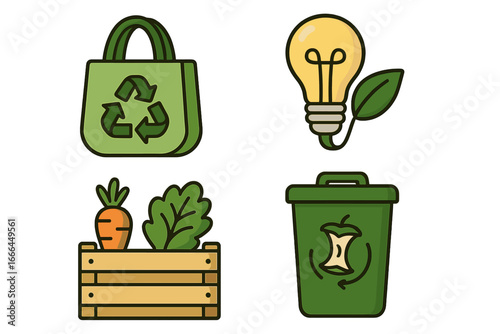 Eco friendly icons for sustainable living. Green lifestyle concept with reusable bag, compost bin, local vegetables, and clean energy. Zero waste and recycling symbols set.