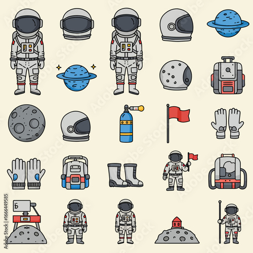 Astronauts and space exploration elements for creative design and modern educational projects
