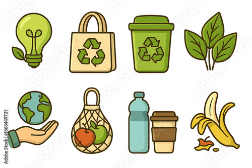 Eco friendly icons set for sustainable living. Green energy, recycling, and waste management concepts. Zero waste lifestyle with reusable bags, bottles, and composting.