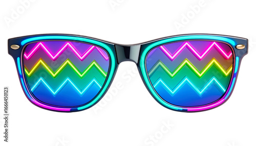 90s-style neon sunglasses with zig-zag frames and reflective lenses.