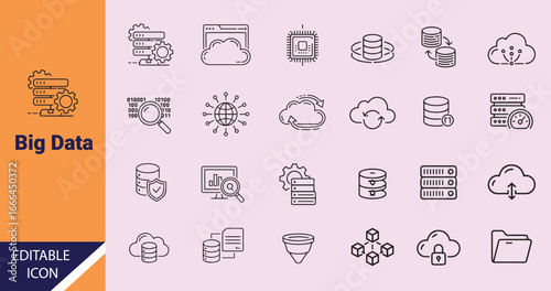 Big data icons exhibit database, computing, cloud, server, and internet networking elements on a light background