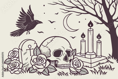 Dark Gothic Halloween Illustration with Skulls, Ravens, Candles and Roses in Spooky Style"