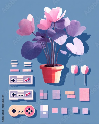 Pastel Plant and Retro Game Accessories