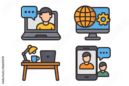 Set of remote work icons for telecommuting. Home office, video conference, online meeting, virtual communication, freelance, webinar, business collaboration vector symbols.