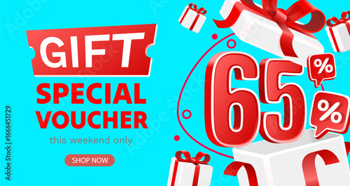 65 percent gift, Special voucher, gift box. Sale banner and poster. Vector illustration