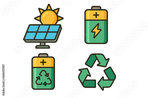Renewable energy vector icon set. Solar panel, sun power, electric battery, charge symbol, recycling sign. Green energy, ecology, sustainability, eco friendly concept illustration.