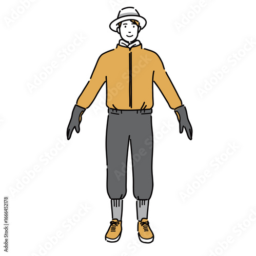 山林で蚊やマダニなどの害虫から身を守る服装をした男性