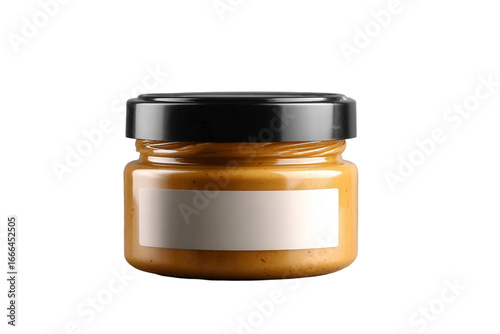 Brown Jar of Creamy Spreadable Food Paste with a Black Lid and Blank Label for Customization and Organic Ingredients on a White Background