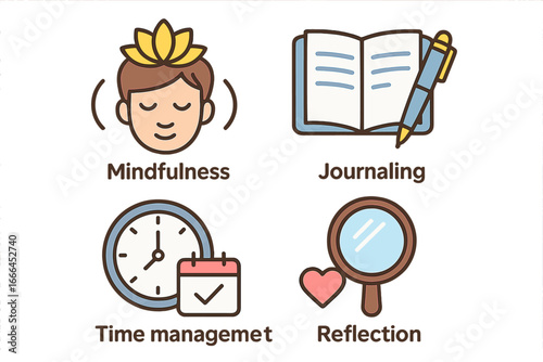 Self care practices icon set with mindfulness, journaling, time management, and reflection. Personal well-being and mental health concepts. Healthy habits vector illustration.