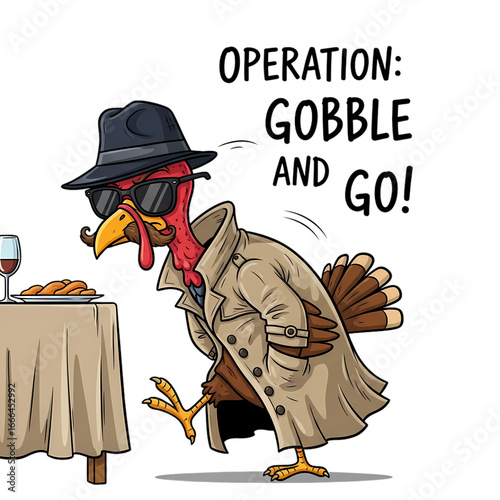 Turkey Escape Plan Funny Thanksgiving. A sneaky cartoon turkey in a spy outfit escaping the dinner table.