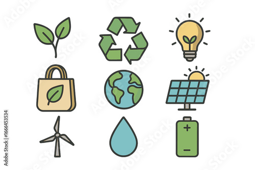 Sustainability icon set with renewable energy solutions. Eco friendly concepts of green power, recycling, and conservation. Vector illustration pack with solar, wind, and water.