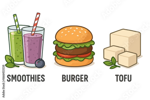 Healthy food and drink icons. Smoothies, veggie burger, tofu collection. Vector concept for nutrition, diet, vegan, vegetarian, protein meal, lifestyle. Isolated elements set.