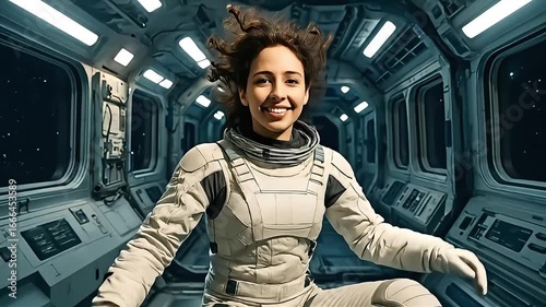 Joyful Woman Astronaut in Spacesuit Floating in Space Station Corridor, Zero Gravity