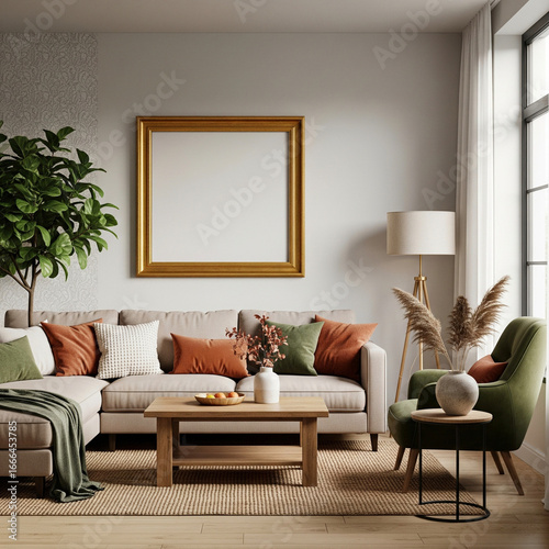 Contemporary living room interior with a comfortable sofa, fireplace, and modern decor