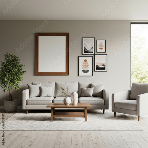 Minimalist Living Space: The image showcases a modern living room design, emphasizing simplicity and elegance, with a cozy atmosphere and warm lighting.