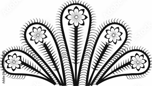 Floral arrangement with five stylized flowers and spiky accents in black and white design art work |  editable eps vectors silhouette