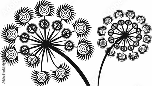Two stylized dandelion flowers in black and white with intricate circular seed head designs shown |  editable eps vectors silhouette