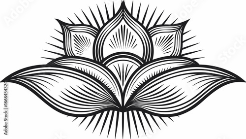 Detailed black and white lotus flower illustration with radiating lines and intricate petal designs shown |  editable eps vectors silhouette