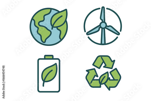 Set of sustainability icons. Eco-friendly concept. Renewable energy, wind turbine, green battery, recycling symbol, planet earth. Ecology and environment conservation vector pack.