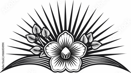 Illustration of a blossom with leaves and radiating lines in black and white style graphic design |  editable eps vectors silhouette