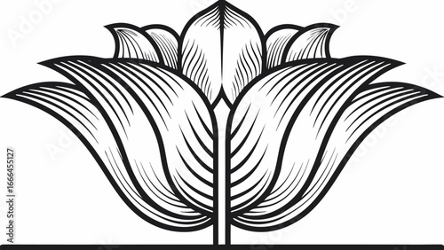 Stylized black and white lotus flower illustration with detailed petal line work and symmetrical design |  editable eps vectors silhouette