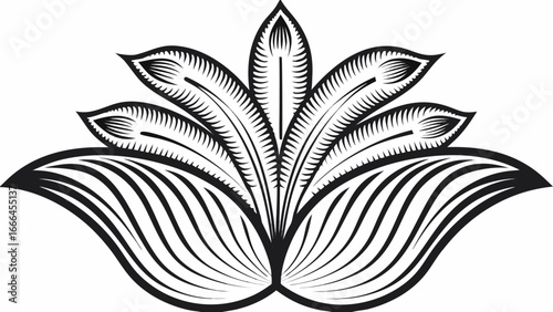 Detailed black and white floral design with stylized leaves and symmetrical arrangement is present |  editable eps vectors silhouette